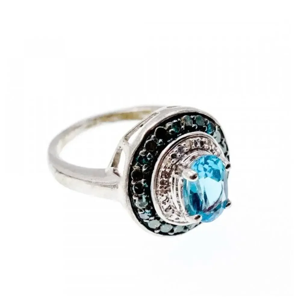 925 Sterling Silver Aquamarine & Spinel Ring Size 6.75